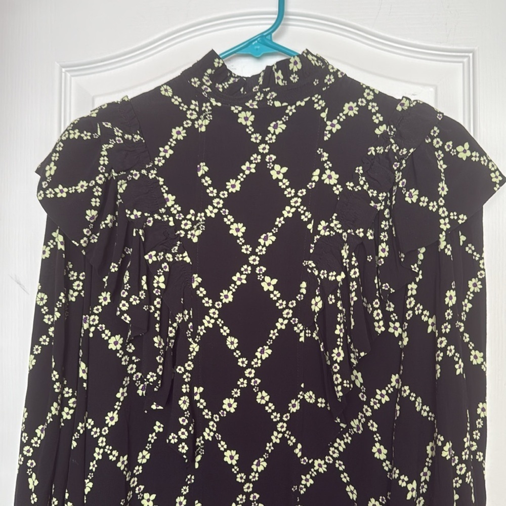 GANNI I Printed Crepe Ruffle High Collar Dress Size 34 XS - Picture 4 of 11
